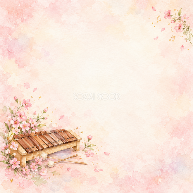 木琴とピンクの小花の背景 木琴とピンクの小花の背景