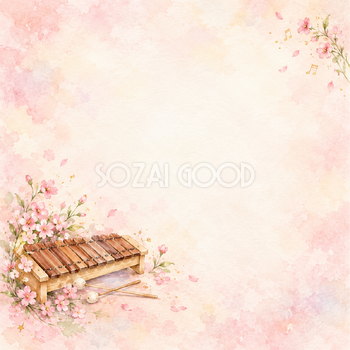 木琴とピンクの小花の水彩背景｜音楽・発表会の正方形無料イラスト素材 107440