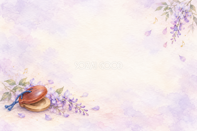 カスタネットと藤色の花の背景 カスタネットと藤色の花の背景