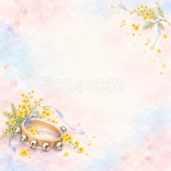 鈴と黄色の小花の水彩背景｜音楽・発表会の正方形無料イラスト素材 107449