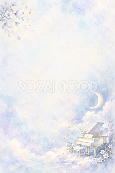 月と白いピアノの水彩背景｜音楽・発表会の縦長無料イラスト素材 107463