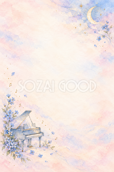 三日月と青い小花とピアノの水彩背景｜音楽・発表会の縦長無料イラスト素材 107466