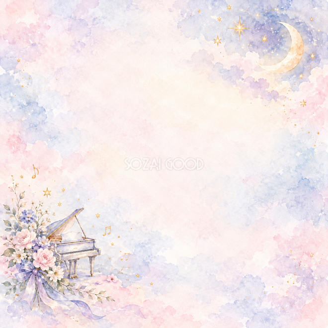 月と星と花束とピアノの背景 月と星と花束とピアノの背景