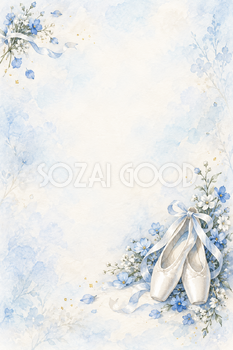 白いトウシューズと青い花の水彩背景｜音楽・発表会の縦長無料イラスト素材 107474
