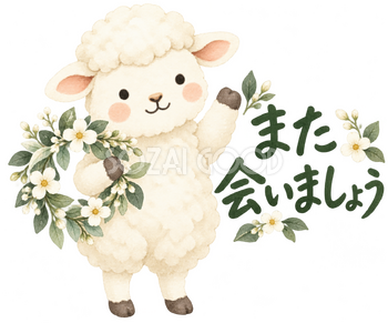 小さな花輪を掲げて歓迎の羊｜かわいい無料イラスト素材 107571
