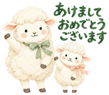 親子で片前足を振るの羊｜かわいい無料イラスト素材 107586