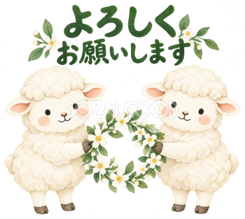 仲間と花の輪で歓迎の羊｜かわいい無料イラスト素材 107592