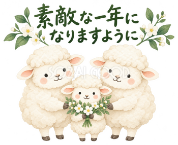 家族三匹で花束を届けるの羊｜かわいい無料イラスト素材 107595