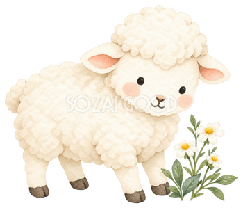 カモミールを見つめる羊｜かわいい無料イラスト素材 107601