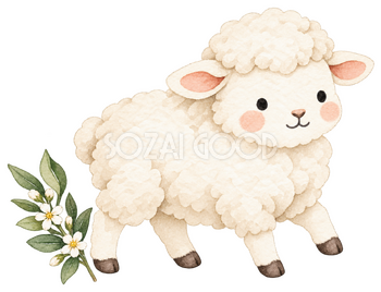 白い花枝と歩く羊｜かわいい無料イラスト素材 107605