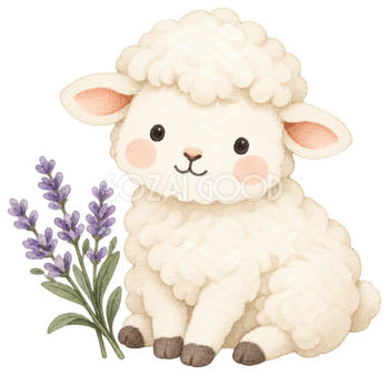 ラベンダーとおすわり羊｜かわいい無料イラスト素材 107607