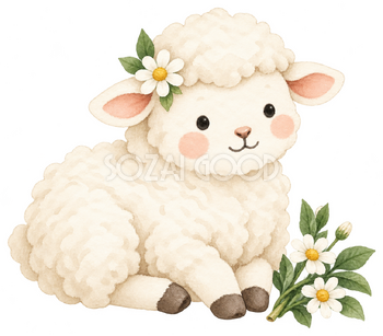 白い花を耳に飾る羊｜かわいい無料イラスト素材 107617