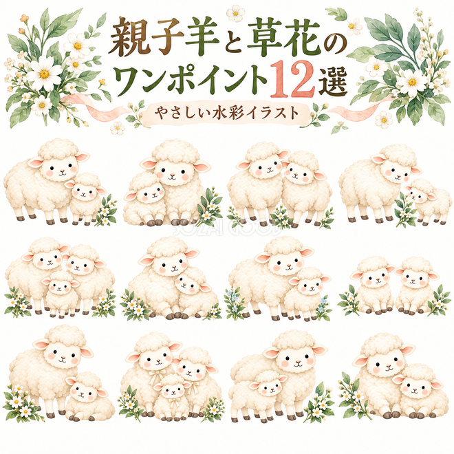 親子羊と草花のワンポイント12選