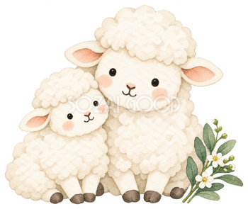 おすわり親子と若葉の羊｜かわいい無料イラスト素材 107626