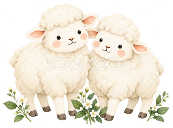 ふたりの羊と小花｜かわいい無料イラスト素材 107627
