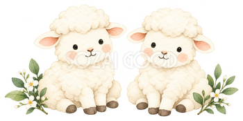 小さな双子羊と若葉｜かわいい無料イラスト素材 107632