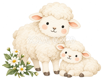 親子羊とカモミール｜かわいい無料イラスト素材 107633