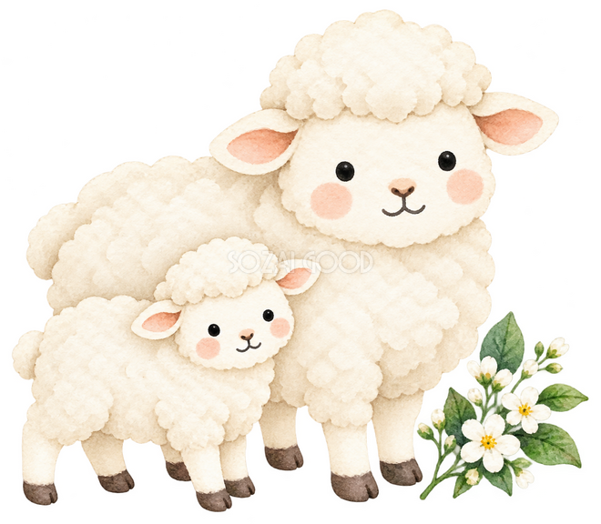 ふり返る親子の羊