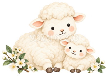 白梅の枝と親子羊｜かわいい無料イラスト素材 107636