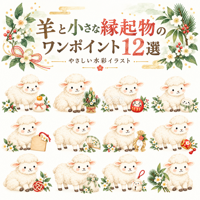 羊と小さな縁起物のワンポイント12選