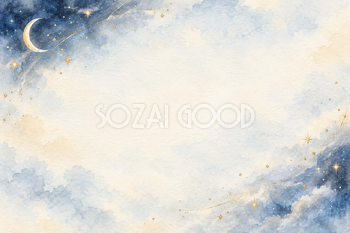 三日月とゆるやかな星の曲線の横長背景｜月・星の無料イラスト素材 107656