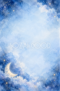 水色の星空と淡い雲の縦長背景｜月・星の無料イラスト素材 107663