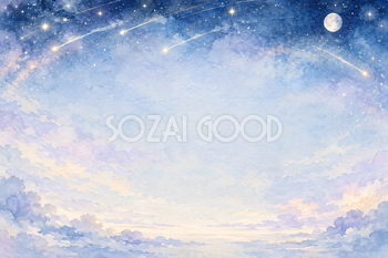 遠くの流れ星と白い星の横長背景｜月・星の無料イラスト素材 107681