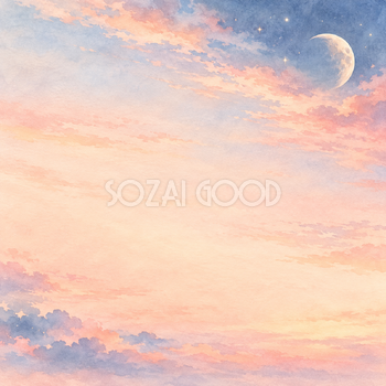 桃色の空と残る月の正方形背景｜月・星の無料イラスト素材 107695
