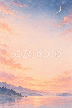 朝焼けと細い三日月の縦長背景｜月・星の無料イラスト素材 107696