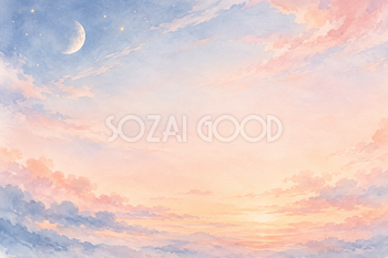 淡い朝空と月明かりの横長背景｜月・星の無料イラスト素材 107700