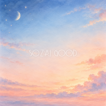 青から桃色へ移る空の正方形背景｜月・星の無料イラスト素材 107701