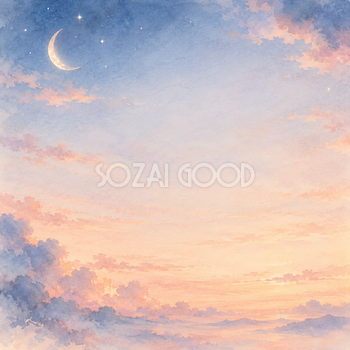 夜明け前の淡い三日月の正方形背景｜月・星の無料イラスト素材 107704