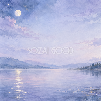 薄紫の湖と白い月の正方形背景｜月・星の無料イラスト素材 107731