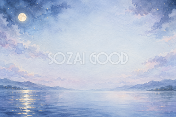 月と水面の星の光の横長背景｜月・星の無料イラスト素材 107733