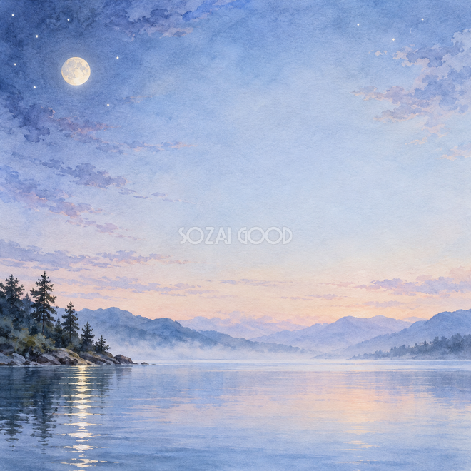 夜明け前の湖と月の背景 夜明け前の湖と月の背景