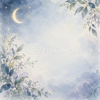 葉の曲線と三日月の正方形背景｜月・星の無料イラスト素材 107748