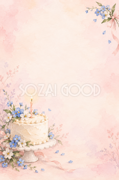 青い小花と白いケーキの縦長背景｜お祝い・記念日の無料イラスト素材 107762