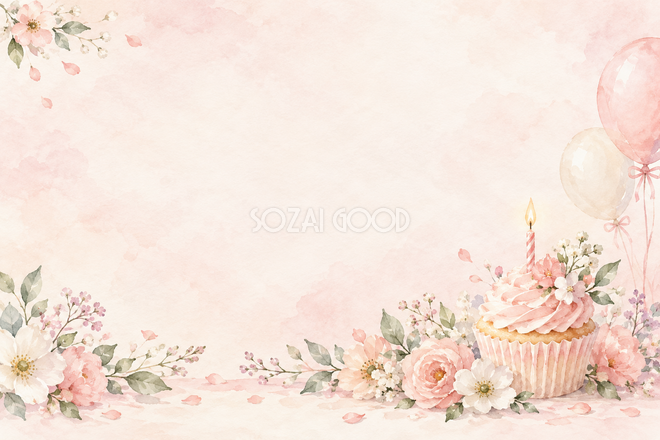 淡い花束とカップケーキの背景