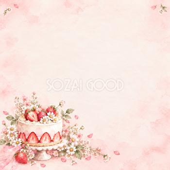 いちごのケーキと小花の正方形背景｜お祝い・記念日の無料イラスト素材 107764