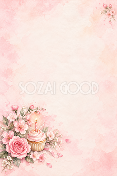 桃色の花とカップケーキの縦長背景｜お祝い・記念日の無料イラスト素材 107768