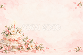 白い花とリボンのケーキの横長背景｜お祝い・記念日の無料イラスト素材 107769
