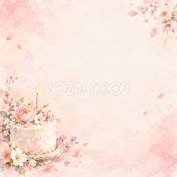 淡い花びらと誕生日ケーキの正方形背景｜お祝い・記念日の無料イラスト素材 107770