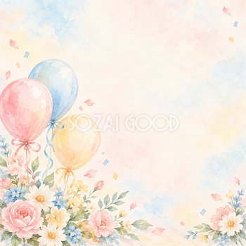 色とりどりの風船と花の正方形背景｜お祝い・記念日の無料イラスト素材 107781