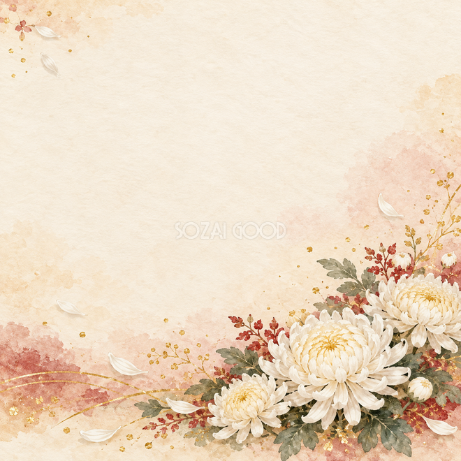 白い菊と金の粒の背景