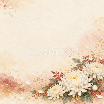 白い菊と金の粒の正方形背景｜お祝い・記念日の無料イラスト素材 107783