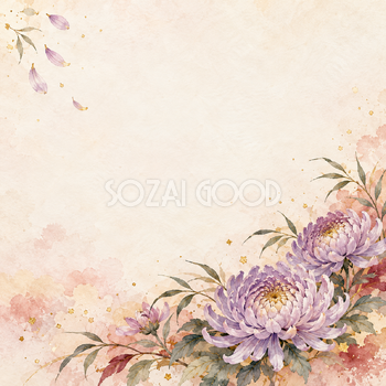 藤色の菊と細い葉の正方形背景｜お祝い・記念日の無料イラスト素材 107789