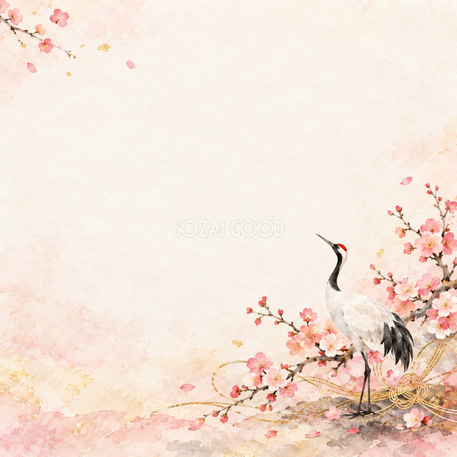 梅の枝と一羽の鶴の背景