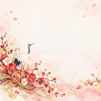梅の花束と水引の正方形背景｜お祝い・記念日の無料イラスト素材 107803