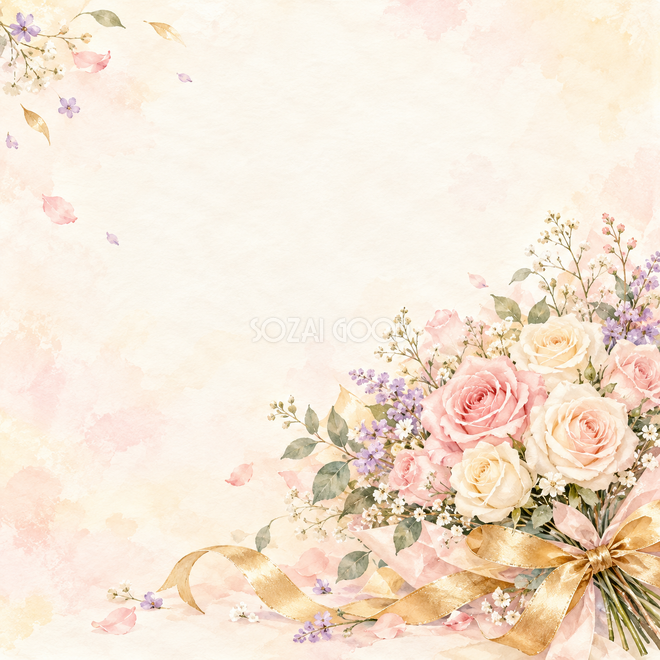 バラの花束と金のリボンの背景 バラの花束と金のリボンの背景