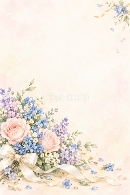 青い小花と白いリボンの背景